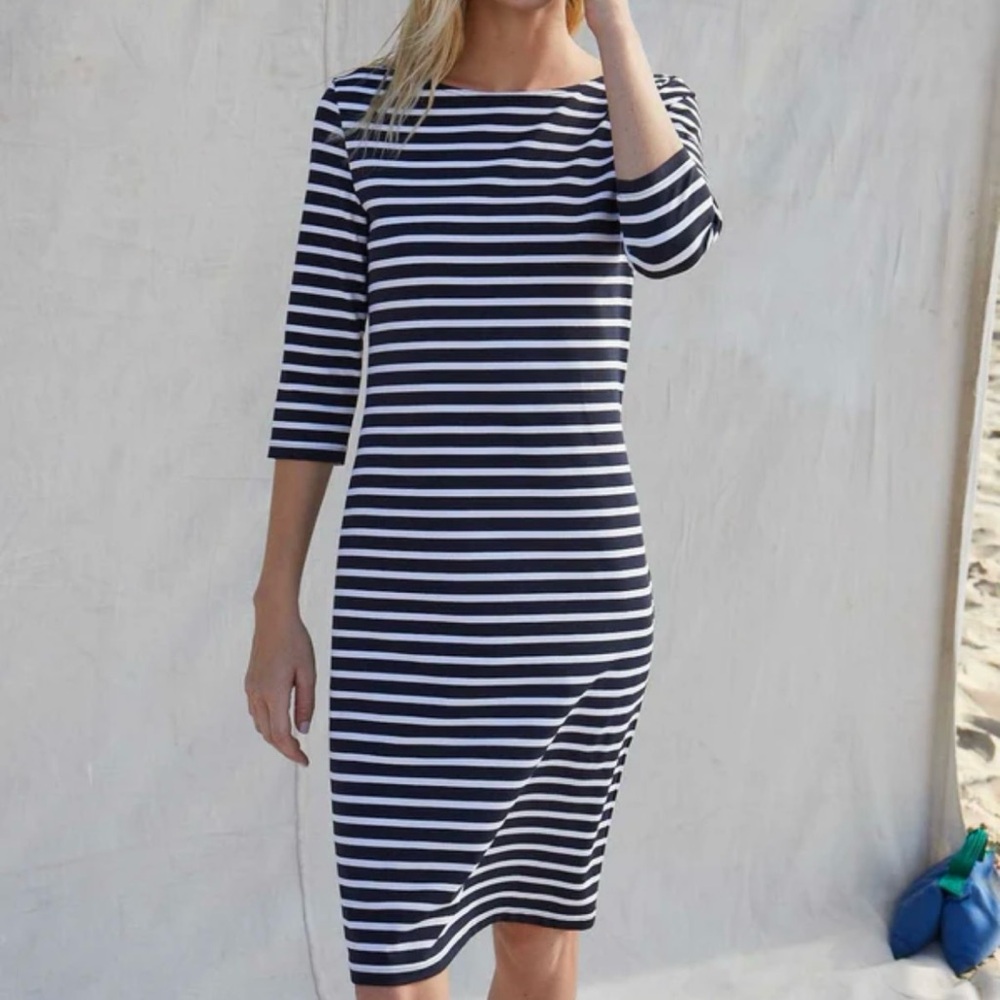 SAINT JAMES- Made in France, Striped Navy and White Jersey dress %100 Cotton